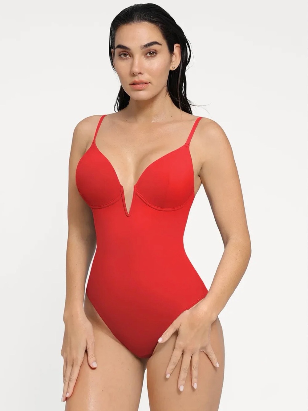 Popilush Plunge V-Notch Red One-Piece Swimsuit